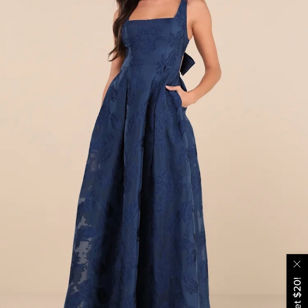 LuLu’s Perfected Aura Navy Jacquard Tie-Back Maxi Dress with Pockets Size Large
